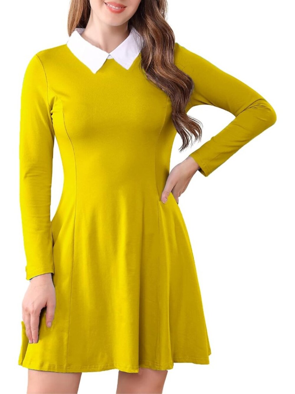 Women Mustard Long Sleeve Peter Pan Collar A Line Fit & Flare Skater Goth Dress